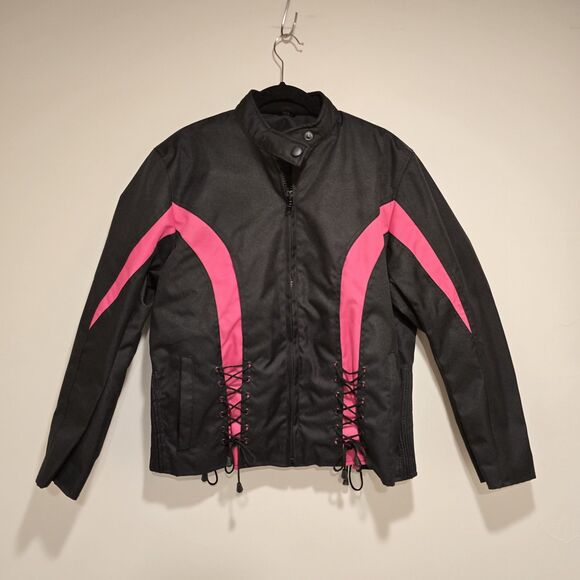 I-K Textiles Motorcycle Jacket XL Womens Black Pink Full Zip Biker Moto Y2K